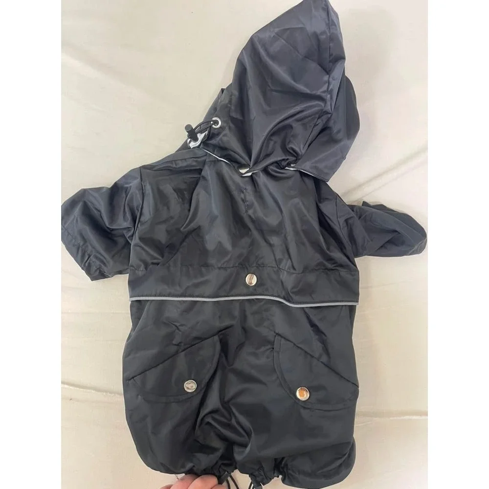 Black Hooded Pet Raincoat Striped Lining Reflective Dog Jacket Size M